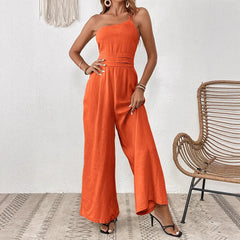 Solid Color Wide-leg Thin One-shoulder Jumpsuit