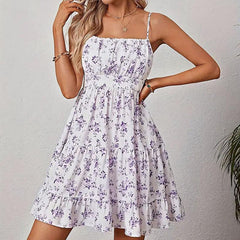 Womens Floral Print Smocked Mini Dress Sleeveless Spaghetti Strap Slim Fit Flowy Dresses