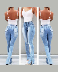 Elastic Slit Flared High Waist Jeans Trousers