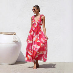 Printed V-neck Large Swing Suspender Dress