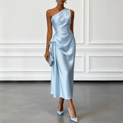 Womens Satin Pleated Waist-cinching Dress