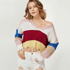 Color-block Striped Low-cut Deep V-neck Irregular Sweater Knit For Women