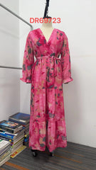 Long-sleeved Floral Print Dress Elegant V-neck Pleated High-waisted Big Swing Chiffon Maxi Dresses For Clothing