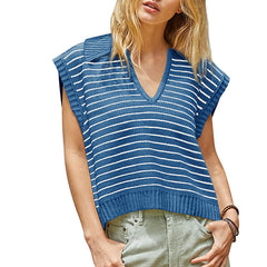 V Neck Cap Sleeve Sweater Vest Sleeveless Collared Striped Knit Tank Tops