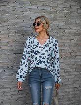 Leopard Print V-neck T-shirt Loose Long Sleeve Tops For Clothing