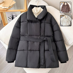 Plaid Sewing Lapel Coat With Lace-up Design Loose Solid Thick Jacket Outerwear Clothing