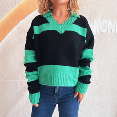 Contrast Color Striped Knitted Lapel Commuter Long Sleeve Sweater