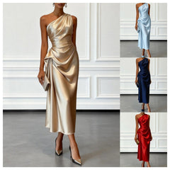 Womens Satin Pleated Waist-cinching Dress
