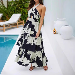 Print Cake Dress Lace-up Long Dress