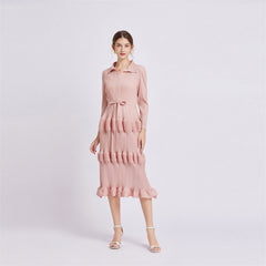 Dress Mid Waist Pleated Slim Fit Lantern Dress