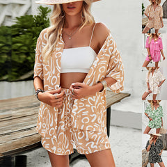 2Pcs Casual Printed Suits Short-sleeved Shirt And Drawstring Shorts Womens Clothing