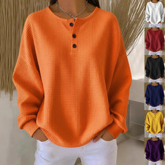 Ins Waffle Long-sleeved T-shirt Solid Color Buttons Round Neck Pullover Top Clothing