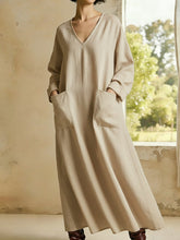 Casual Solid-Colored V-Neck Pocket Long-Sleeve Cotton-Linen Dress