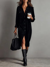 Turn-Down Collar Buttons Chic Casual Dress, Spring Solid Simple Party Dress, Long Sleeve Holiday Ladies Dress