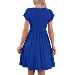 V-neck Solid Color Defined Waist Ruffle Sleeve Womens Mid-length Dress