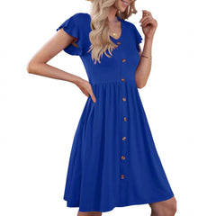 V-neck Solid Color Defined Waist Ruffle Sleeve Womens Mid-length Dress