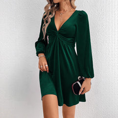 V-neck Waist A- Line Long Sleeve Party Velvet Dress