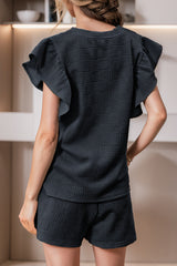 Solid Color Ruffle Sleeve Casual Suit Women