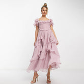 Holiday Ruffled Short-sleeved Dress Backless Square Neck Long Dresses For Party Womens Clothing