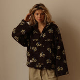 Flowers Lambskin Sweatshirt With Big Pocket Casual Loose Zip-up Lapel Pullover Top Clothing