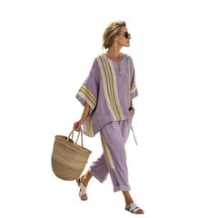 Striped Suits Loose Batwing Sleeve T-shirt And Solid Straight-leg Pants