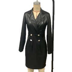 Faux Leather Blazer Dress, Double-Breasted Long Sleeve Midi Dress, Slim Fit Office Bodycon Dress