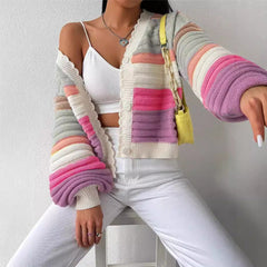 Knitted Cardigan Colorblock Sweater Coat Rainbow Striped Lantern Sleeve