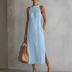 Womens Halterneck Holiday Lace-Patchwork Sleeveless Dress