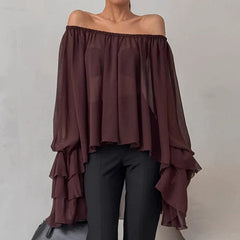 Dark Brown Off-shoulder Ruffle Top Thin Long Sleeve Chiffon Shirt