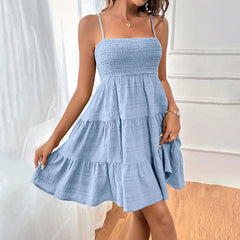 Spaghetti Strap Sleeveless Smocked A-Line Swing Mini Dress, Elegant Casual Dress