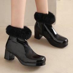 Womens Short Boots For Fall Patent Leather Chunky Heel