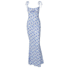 Flowers Print Suspender Long Dress Lace-up Slim Backless Dresses For Women