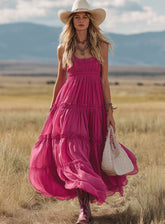 Western Retro Rose Red Chiffon Ruffled Sleeveless Maxi Dress