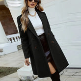 Solid Color Double-Breasted Wool-Like Coat Notch Lapel Long Sleeve Mid-Length Overcoat With Pockets