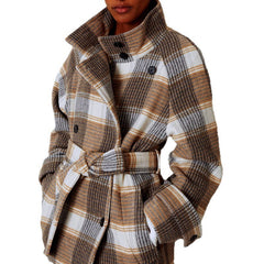Contrast Color Plaid Coat Waist-tied Coat