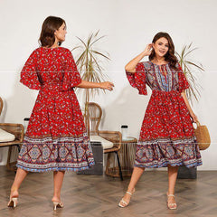 Fat Dresses V Neck Print Beach Dress