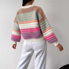 Knitted Cardigan Colorblock Sweater Coat Rainbow Striped Lantern Sleeve
