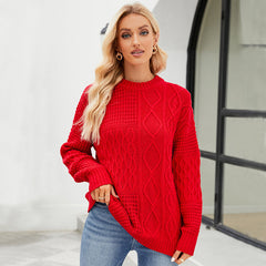 Casual Round-neck Pullover Sweater Fall Solid Color Cable-knot Pattern Tops Clothing