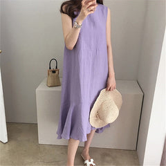 Taro Purple Linen Dress Casual Sleeveless Loose Slimming Fishtail