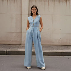 V-neck Double-breasted Sleeveless Wide Leg Overall Jeans