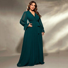 Long Large Hem Green Chiffon Dress