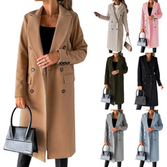 Double Breasted Lapel Coat Solid Slim Long Jacket Long Sleeve Tops Womens Clothing