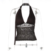 Lace-spliced Deep V-neck Halter Top