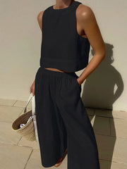 casual loose solid color sleeveless shirt trousers two-piece set