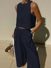 casual loose solid color sleeveless shirt trousers two-piece set