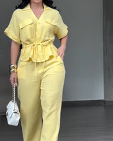2 Piece Outfits Short Sleeve Drawstring Shirts and Wide Leg Pants With Pockets