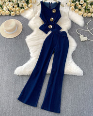 Metal Button Round Neck Sleeveless Denim Vest Wide-Leg Pants Set