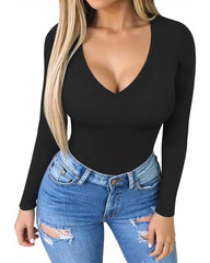 V-Neck Long Sleeve Form-Fitting Basic Bodysuit