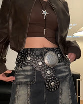 New retro tribal-style metal carved disc hollow patchwork belt