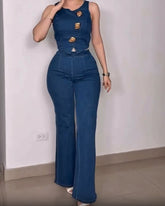 Metal Button Round Neck Sleeveless Denim Vest Wide-Leg Pants Set